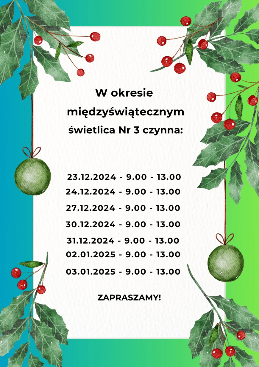 Zapraszamy na zajęcia w okresie międzyświątecznym!